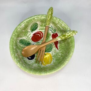 Large Ceramic Salad Pasta Vegetable Bowl Made in Italy Spoon & Fork Set Green